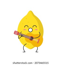 Lemon cute character cartoon plays the guitar sings emotions happy face icon bright juicy fruit vector illustration.