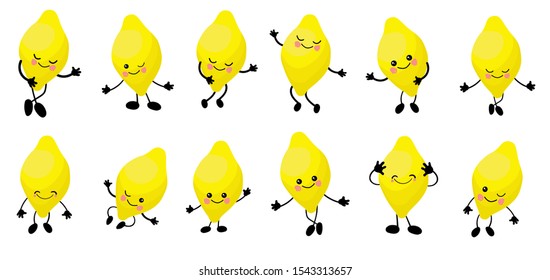 Lemon. Cute character cheerful with arms and legs. Yellow. Citrus. Set of fruits isolated on a white background.