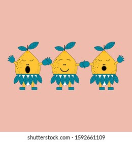 Lemon cute fruit vector character set on background