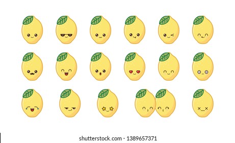 Lemon cute kawaii mascot. Set kawaii food faces expressions smile emoticons. 