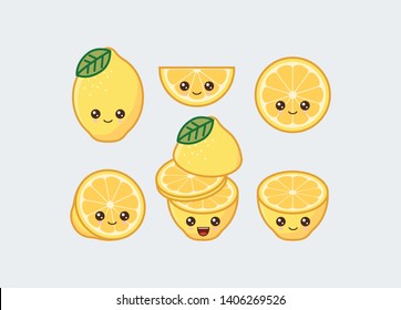 Lemon cute kawaii mascot. Set of funny kawaii drawn fruit in the cut