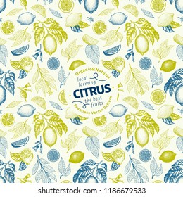 Lemon design template. Fruit seamless pattern. Hand drawn vector fruit illustration. Engraved style vintage citrus background.
