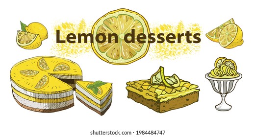 Lemon dessert  and compositions with lemons slice on white background