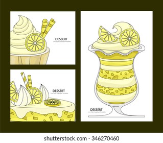 The Lemon Dessert. Set Of Business Cards, Restaurant Menus. Lemon Parfait. Lemon Cupcake And Cake.