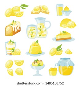 Lemon desserts flat vector illustrations set. Fresh yellow citrus fruits whole and sliced with green leaves. Lemon juice, cakes, pies collection. Tasty pudding, lemonade and jar of homemade jam