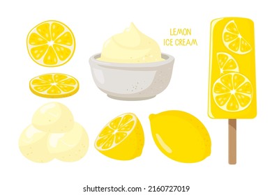 Lemon desserts. Lemon fruit, Ice Cream on stick, ice cream balls, lemon fruit, Lemon dessert. Sweet delicious frozen summer dessert. Flat vector Illustration for design, poster, banner, menu, recipe. 