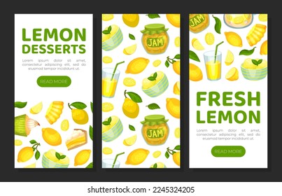 Lemon postres las plantillas de aplicación móvil se establecen. Pancarta web de productos ecológicos vegetarianos, portada de la página de aterrizaje vectorial
