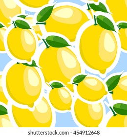 Lemon different sizes blue sticker background. Pattern with lemon and leaves.