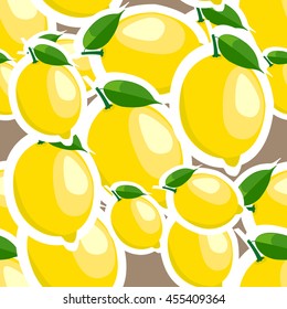 Lemon different sizes sticker brown background. Pattern with lemon and leaves.