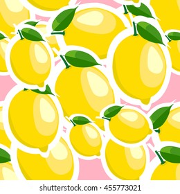 Lemon different sizes sticker pink background. Pattern with lemon and leaves.