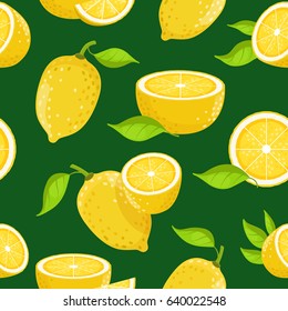 Lemon and different slices on dark background. Vector seamless pattern