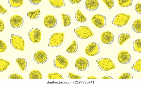 Lemon doodle background.  Citrus sketch seamless pattern. Lemon hand drawn motif wallpaper