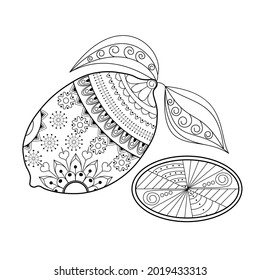 Lemon with a doodle pattern on a white background. Anti-stress coloring book for children and adults. Decorative element for design