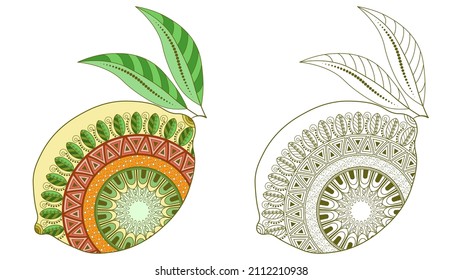 Lemon with a doodle pattern on a white background. Anti-stress coloring book for children and adults. Decorative element for design