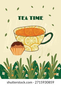Póster del doodle del limón Taza de té de hierbas, con un cupcake lindo al lado, y las palabras “hora del té” escritas encima de él