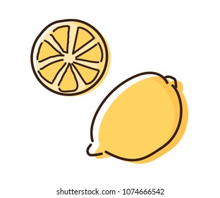 Lemon doodle sketch illustration. Vector hand drawn outline fruit icon. Watercolor effect
