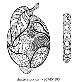 Lemon. Doodle and zentangle style. Hand drawn coloring book. Vector illustration.