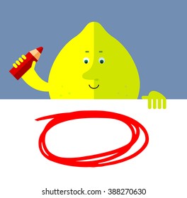 Lemon drawing a red pencil empty frame on a blank sheet. Flat style vector illustration . Funny cartoon character