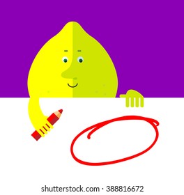 Lemon drawing a red pencil empty frame on a blank sheet. Flat style vector illustration . Funny cartoon character