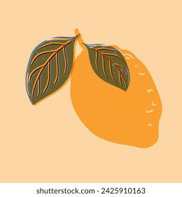 Lemon drawing. Risograph imitation with scratches. Risoprint composition. Trendy healthy food concept.