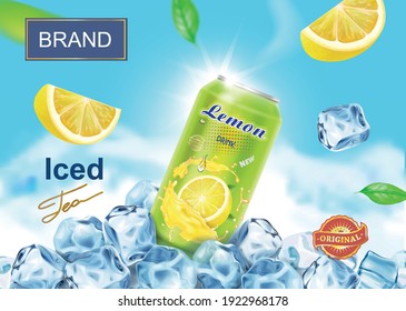 Lemon drink advertising poster design banner with aluminium can on ice cubes, lemon slices, citrus juice splashing. realistic iced tea ads vector.