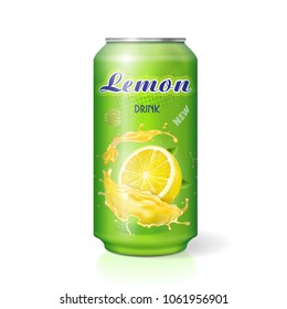 Lemon drink contained in metallic can realistic