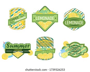 Lemon drink emblem badge, fresh fruits lemons juice  lemonades emblems. Drinks bars sticker, detox lemonade or fruits fresh juicy lemon label.