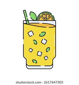 Lemon Drink Flat design style, yellow citrus drink with ice and mint in a glass, ideal for summer menu designs, cafe graphics, and tropical illustrations.