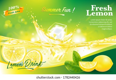 Lemon Drink Fresh Lemon Splash and Ice Cube Mojito Beverage Vector 3d Realistic Advertisement