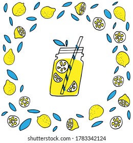 Lemon drink in fruit frame. Fresh summer juice cocktail in the glass with straw. Hand drawn sketch of homemade lemonade. Healthy organic food doodle vector illustration for menu. 