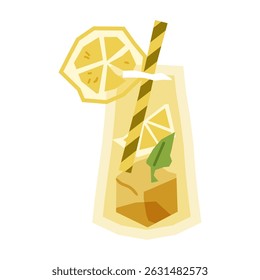 Lemon Drink in Glass Illustration. Summer refreshment with straw, ice, and citrus slice on white background.