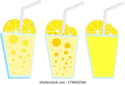 Lemon drink in glass with lemon slice. A straw in a glass of lemonade. Vector illustration isolated on white background.