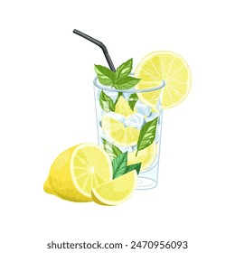 Lemon drink with ice and mint in glass and half of fresh lemon. Mojito or lemonade illustration. Vector art isolated on white background.
