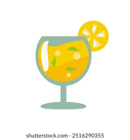 Lemon drink illustration with lemon slice and green leaves, refreshing summer drink concept suitable for food and beverage advertising