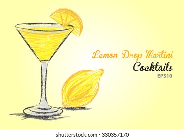 Lemon Drop Martini cocktail with yellow Lemon vector illustration