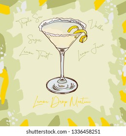 Lemon Drop Martini Contemporary classic of Vodka, Triple Sec, Lemon Juice, Sugar cocktail illustration collection. Alcohol hand drawn vector illustration. Menu design sketch bar drink glass.