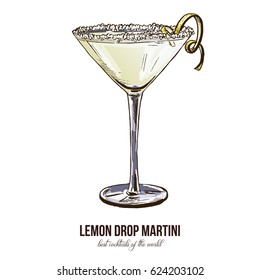 Lemon Drop Martini, vector illustration, hand drawn colored sketch