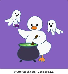 lemon duck, 
halloween, lemon duck and baby ghosts making magic potion in cauldron