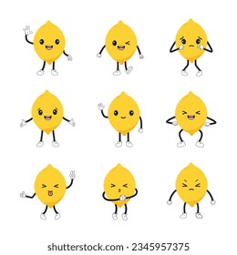 Lemon emoticon with kawaii eyes, legs and hands. Emoji fruit cartoon character