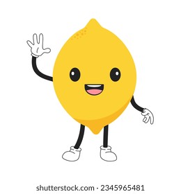 Lemon emoticon with kawaii eyes, legs and hands is waving. Emoji cartoon character says hello. Nice to meet someone