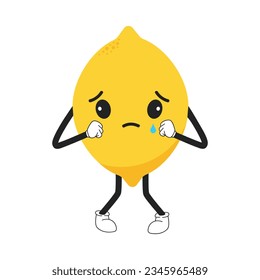 Lemon emoticon with kawaii eyes, legs and hands is crying. Emoji sad cartoon character