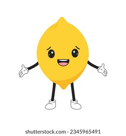 Lemon emoticon with kawaii eyes, legs and hands wants hugs. Emoji fun cartoon character