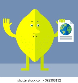 Lemon engaged in a global search. Flat style vector illustration . Funny cartoon character
