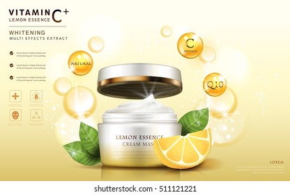 Lemon essence ads, cream mask bottle template with ingredients and sparkling elements around it, 3d illustration