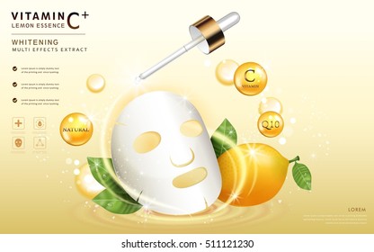 Lemon essence ads, facial mask template with ingredients and sparkling elements around it, 3d illustration