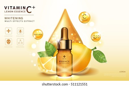 Lemon essence ads, glass bottle template with ingredients and sparkling elements around it, 3d illustration