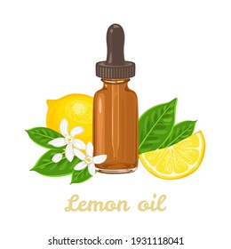 Lemon essential oil. Amber glass dropper bottle, fragrant flowers, green leaf and yellow citrus isolated on white background. Vector illustration in cartoon flat style.