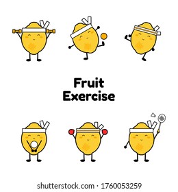 Lemon exercise character. Sport icon. Cute style fruit character. Happy face fruit icon. Cute style fruit set. Exercise at home. Illustration vector.