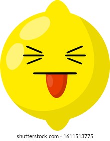 Lemon with a face. Eyes, mouth, and tongue on sour fruit. Mascot and emotions. Funny and cute element. Cartoon flat illustration