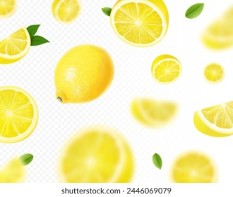 Lemon falling background. Citrus fruit with green leaf on transparent background. Lemon blurred flying. Realistic 3d vector illustration .